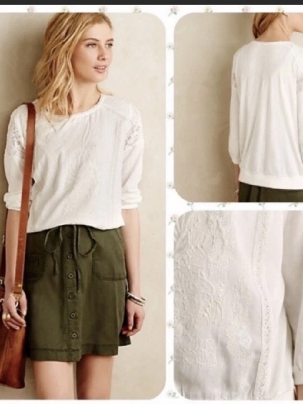 Anthropologie TINY Fleur Blanche Embroidered Crochet Eyelet White Cream Top XS